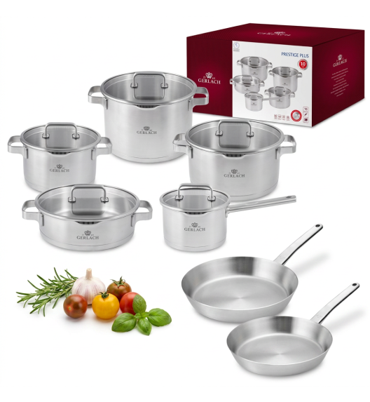 GERLACH PRESTIGE PLUS Komplet Garnki z pokrywkami 10 EL + Patelnie PRESTIGE 24, 28 cm | stal nierdzewna 18/10 | INDUKCJA