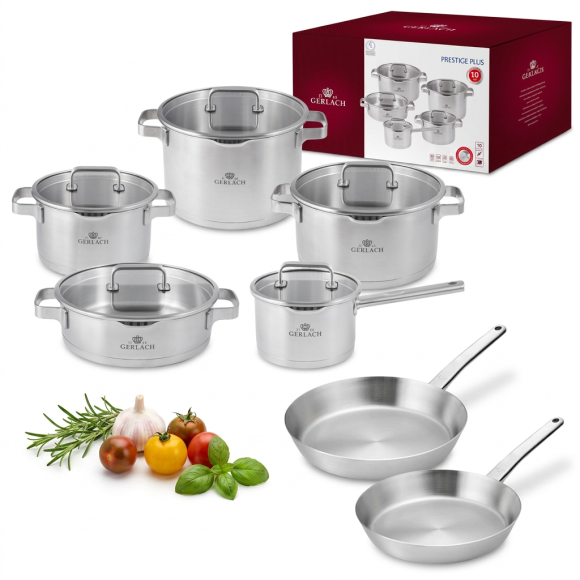 GERLACH PRESTIGE PLUS Komplet Garnki z pokrywkami 10 EL + Patelnie PRESTIGE 24, 28 cm | stal nierdzewna 18/10 | INDUKCJA