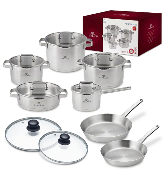 GERLACH PRESTIGE PLUS Komplet Garnki z pokrywkami 10 EL + Patelnie PRESTIGE 24, 28 cm + Pokrywki KAIA HOME 24, 28 cm