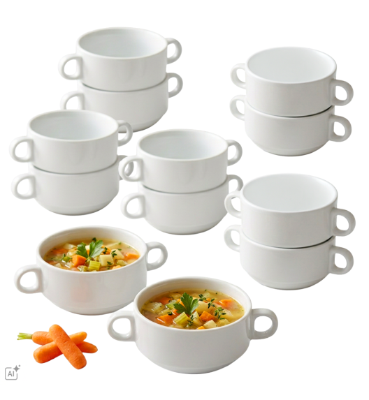 KAIA HOME BASIC 12x Bulionówka z uszami 250 ml / 11,5 cm do sztaplowania / biała ceramika
