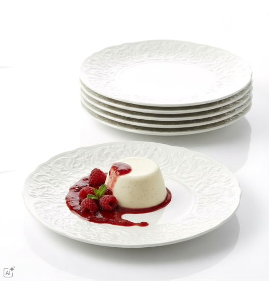 KAIA HOME 12x Talerz deserowy 20,5 cm roślinny relief / ceramika ecru