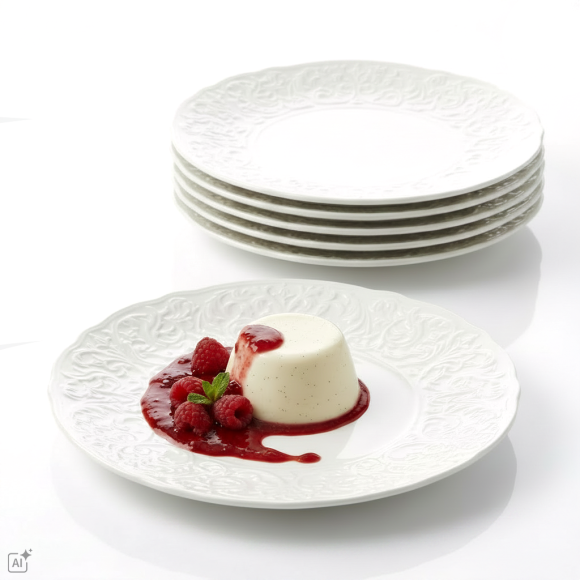 KAIA HOME 12x Talerz deserowy 20,5 cm roślinny relief / ceramika ecru