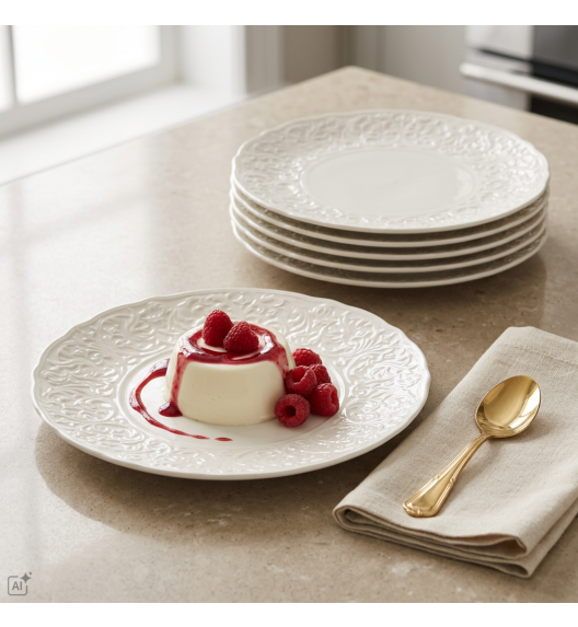 KAIA HOME 12x Talerz deserowy 20,5 cm roślinny relief / ceramika ecru