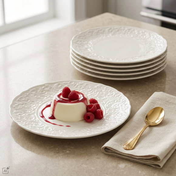 KAIA HOME 12x Talerz deserowy 20,5 cm roślinny relief / ceramika ecru