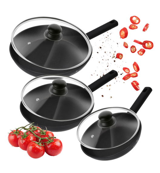 ZWIEGER VALVE BLACK Komplet 3x Patelnia 20 24 28 cm powłoka nieprzywierająca + pokrywki uniwersalne