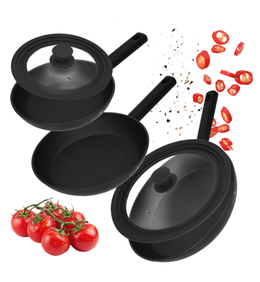 ZWIEGER VALVE BLACK Komplet 3x Patelnia 20 24 28 cm powłoka nieprzywierająca + pokrywki 3w1