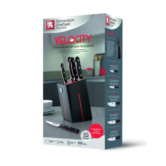 WYPRZEDAŻ! RICHARDSON SHEFFIELD VELOCITY Zestaw 5 noży kuchennych w bloku drewnianym