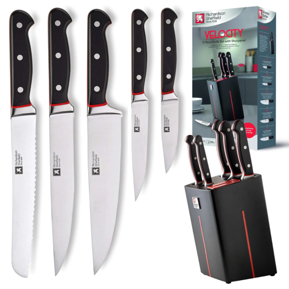 WYPRZEDAŻ! RICHARDSON SHEFFIELD VELOCITY Zestaw 5 noży kuchennych w bloku drewnianym