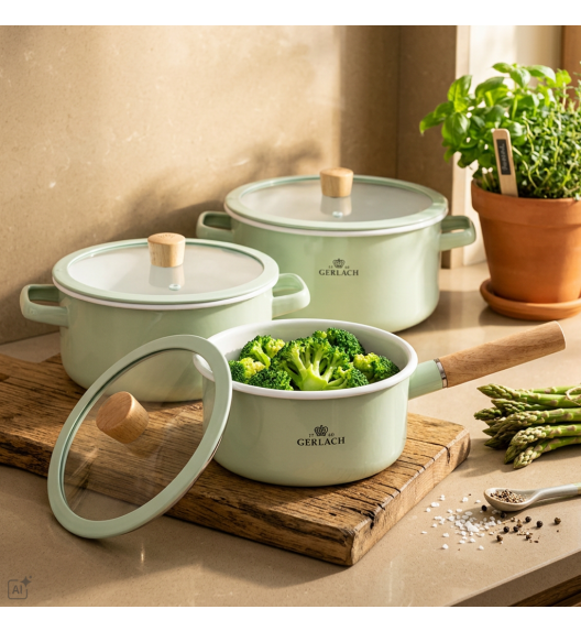 GERLACH NATUR ENAMEL Komplet Garnki z pokrywkami 6 el emaliowane / zielony