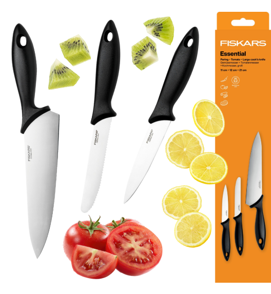 FISKARS ESSENTIAL 1081134 Zestaw 3 noży kuchennych BASIC w pudełku / stal nierdzewna