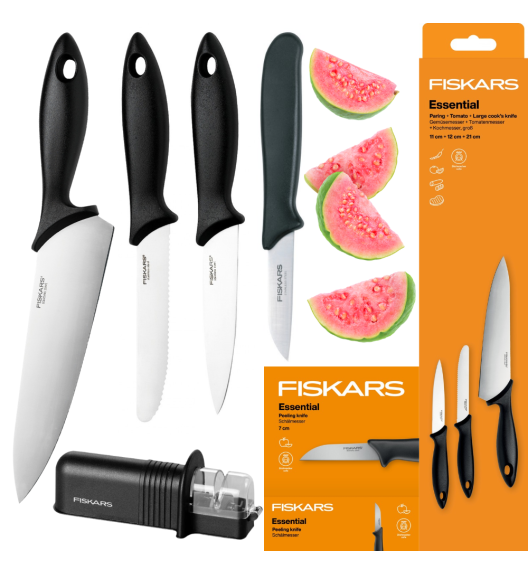 FISKARS ESSENTIAL Komplet 4 noży (kuchenne BASIC + do skrobania z prostym ostrzem) + Ostrzałka ESSENTIAL
