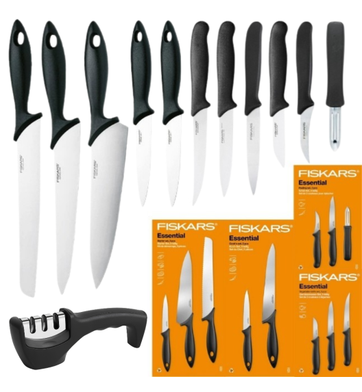 FISKARS ESSENTIAL Komplet 11 noży (kuchenne + szefa kuchni + do obierania + do warzyw) w pudełku + Ostrzałka 3w1 uniwersalna