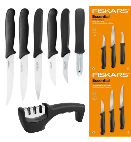 FISKARS ESSENTIAL Komplet 6 noży (do warzyw + do obierania) + Ostrzałka 3w1 uniwersalna
