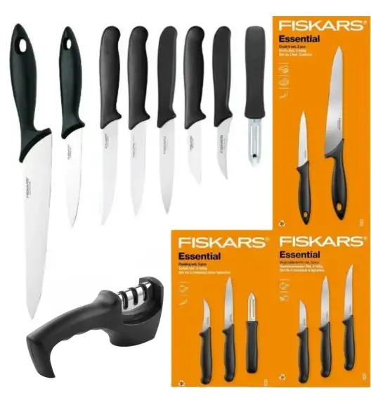 FISKARS ESSENTIAL Komplet 8 noży (kuchenne + do warzyw + do obierania) w pudełku + Ostrzałka 3w1 uniwersalna