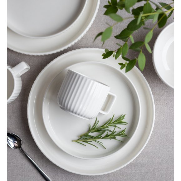 KAIA HOME Ceramiczny zestaw obiadowo kawowy 32 el / 6 os biały ryflowany