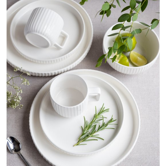 KAIA HOME Ceramiczny zestaw obiadowo kawowy 32 el / 6 os biały ryflowany