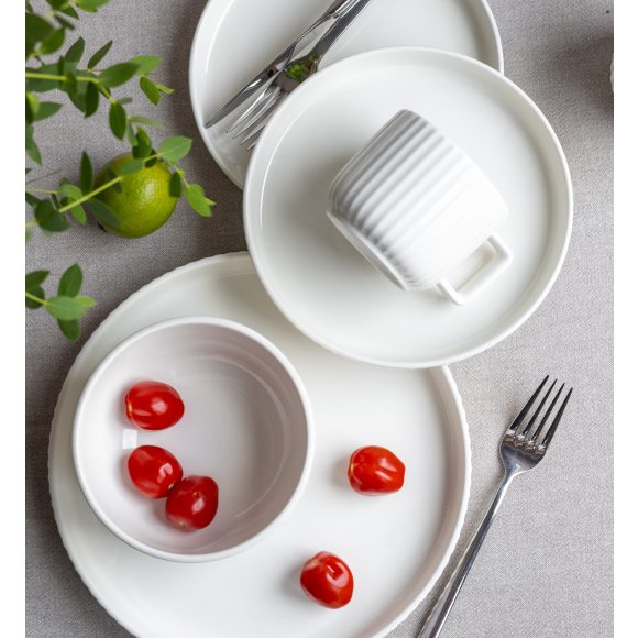 KAIA HOME Ceramiczny zestaw obiadowo kawowy 32 el / 6 os biały ryflowany