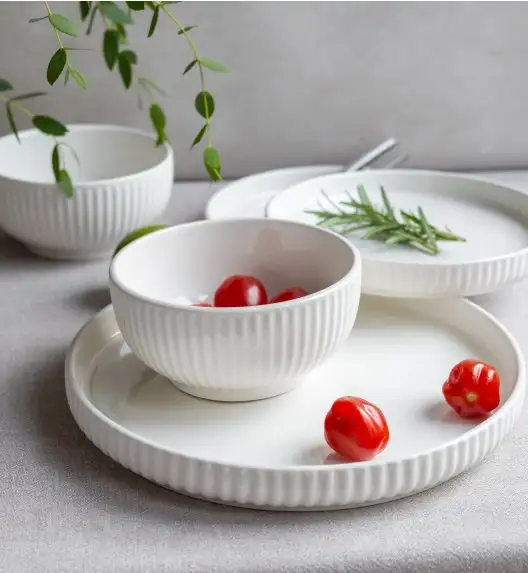KAIA HOME Ceramiczny zestaw obiadowo kawowy 32 el / 6 os biały ryflowany