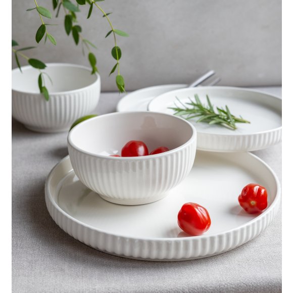 KAIA HOME Ceramiczny zestaw obiadowo kawowy 32 el / 6 os biały ryflowany