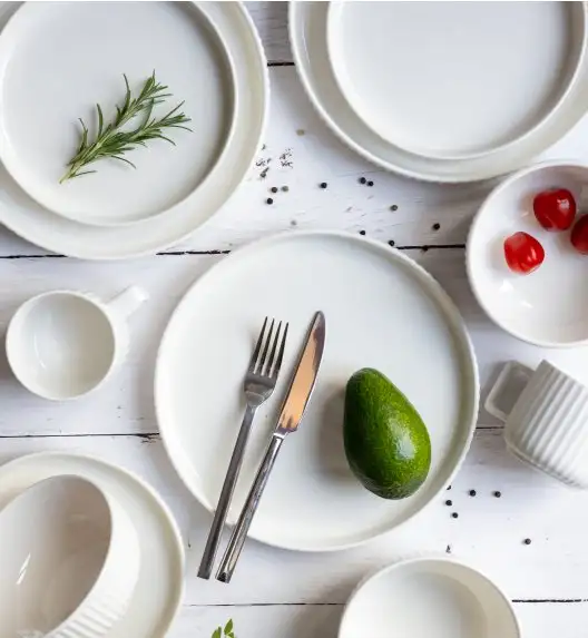 KAIA HOME Ceramiczny zestaw obiadowo kawowy 32 el / 6 os biały ryflowany