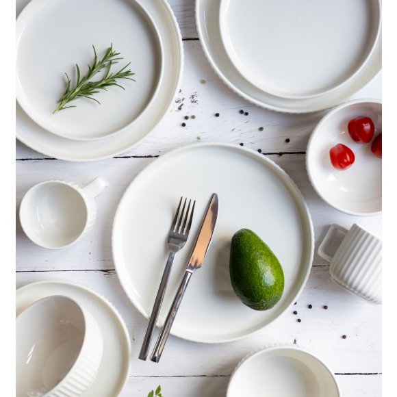 KAIA HOME Ceramiczny zestaw obiadowo kawowy 32 el / 6 os biały ryflowany