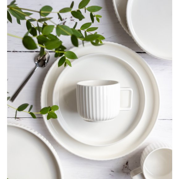 KAIA HOME Ceramiczny zestaw obiadowo kawowy 32 el / 6 os biały ryflowany