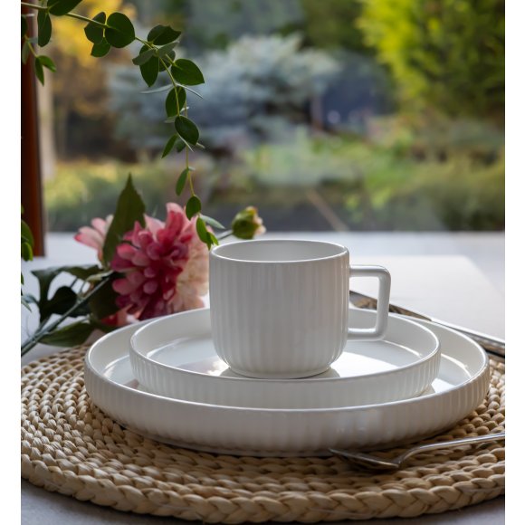 KAIA HOME Ceramiczny zestaw obiadowo kawowy 32 el / 6 os biały ryflowany