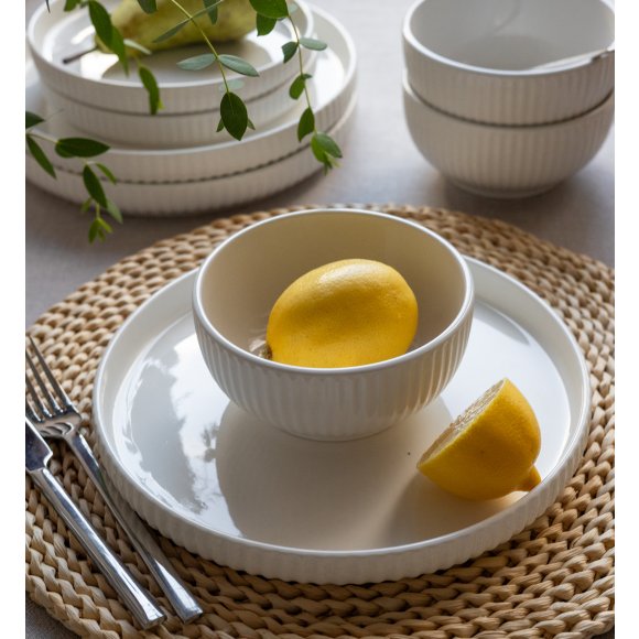 KAIA HOME Ceramiczny zestaw obiadowo kawowy 32 el / 6 os biały ryflowany