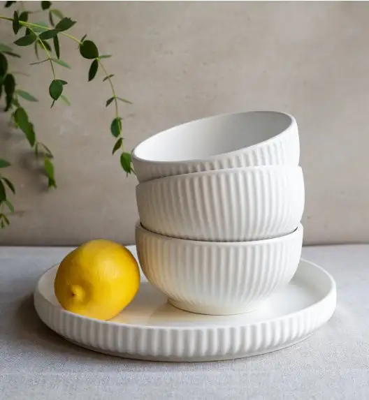 KAIA HOME Ceramiczny zestaw obiadowo kawowy 32 el / 6 os biały ryflowany