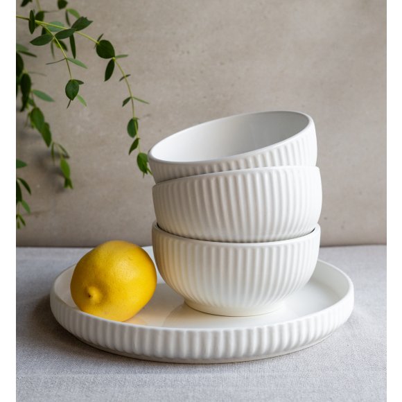 KAIA HOME Ceramiczny zestaw obiadowo kawowy 32 el / 6 os biały ryflowany