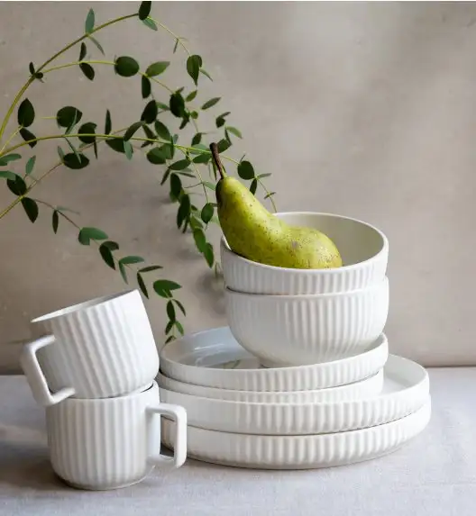 KAIA HOME Ceramiczny zestaw obiadowo kawowy 32 el / 6 os biały ryflowany