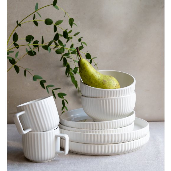 KAIA HOME Ceramiczny zestaw obiadowo kawowy 32 el / 6 os biały ryflowany