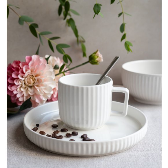 KAIA HOME Ceramiczny zestaw obiadowo kawowy 32 el / 6 os biały ryflowany