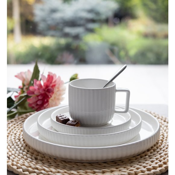 KAIA HOME Ceramiczny zestaw obiadowo kawowy 32 el / 6 os biały ryflowany