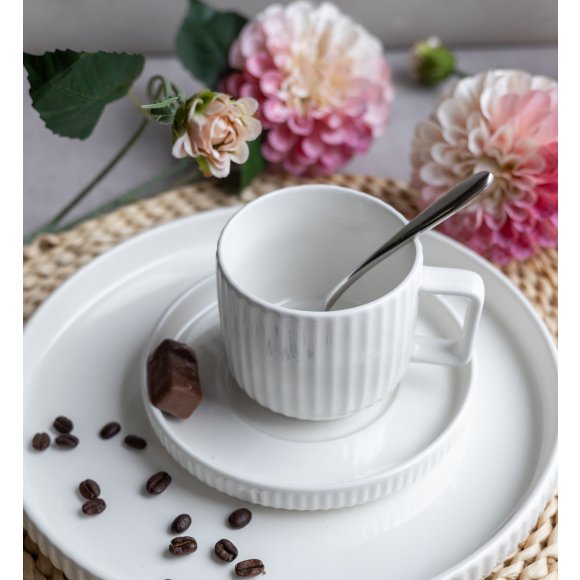KAIA HOME Ceramiczny zestaw obiadowo kawowy 32 el / 6 os biały ryflowany
