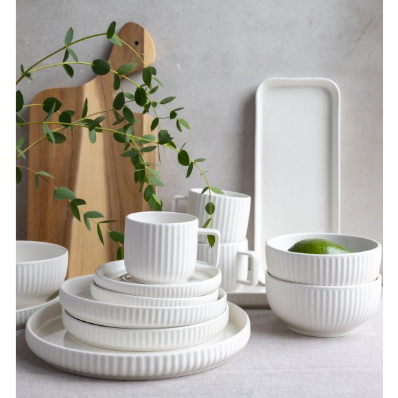 KAIA HOME Ceramiczny zestaw obiadowo kawowy 32 el / 6 os biały ryflowany