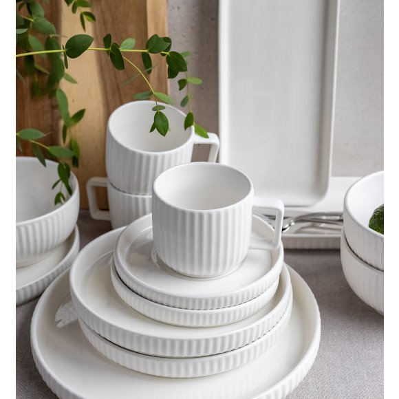 KAIA HOME Ceramiczny zestaw obiadowo kawowy 32 el / 6 os biały ryflowany