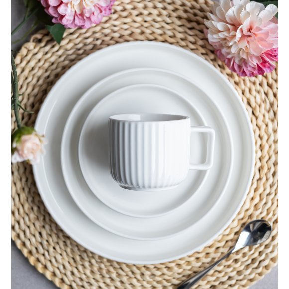 KAIA HOME Ceramiczny zestaw obiadowo kawowy 32 el / 6 os biały ryflowany