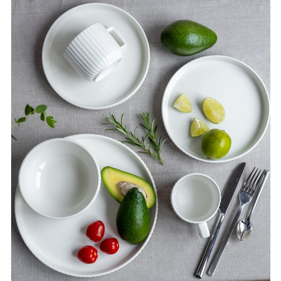 KAIA HOME Ceramiczny zestaw obiadowo kawowy 32 el / 6 os biały ryflowany