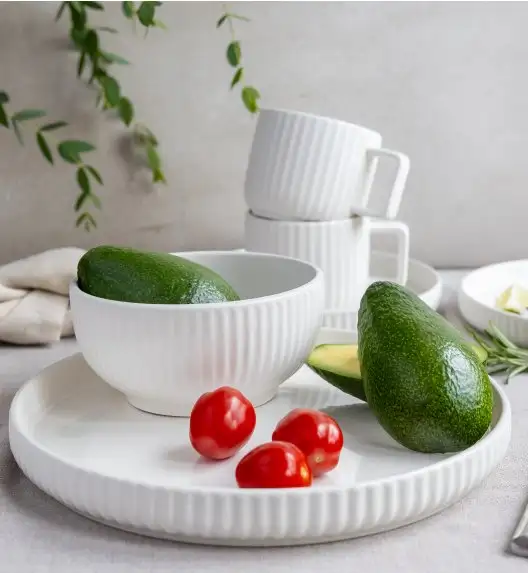 KAIA HOME Ceramiczny zestaw obiadowo kawowy 32 el / 6 os biały ryflowany