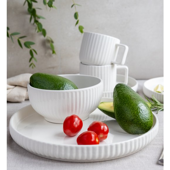 KAIA HOME Ceramiczny zestaw obiadowo kawowy 32 el / 6 os biały ryflowany