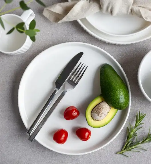 KAIA HOME Ceramiczny zestaw obiadowo kawowy 32 el / 6 os biały ryflowany