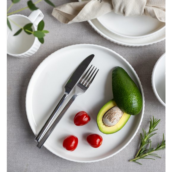 KAIA HOME Ceramiczny zestaw obiadowo kawowy 32 el / 6 os biały ryflowany