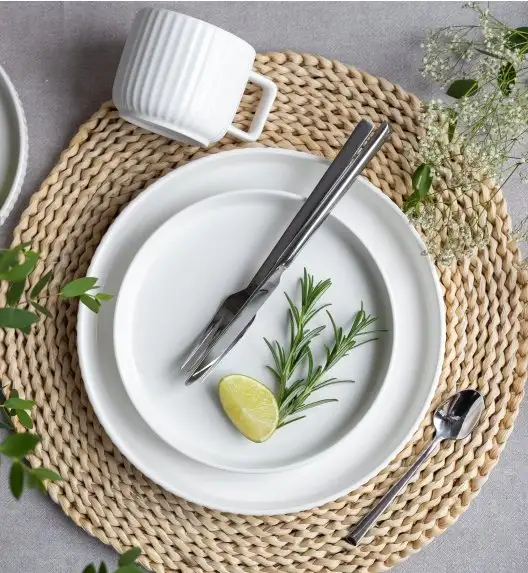 KAIA HOME Ceramiczny zestaw obiadowo kawowy 32 el / 6 os biały ryflowany
