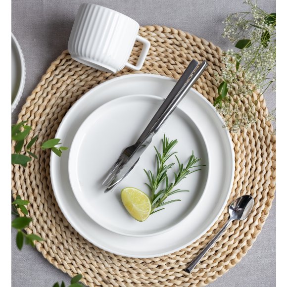 KAIA HOME Ceramiczny zestaw obiadowo kawowy 32 el / 6 os biały ryflowany