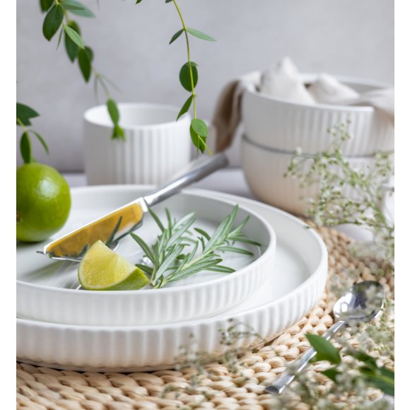 KAIA HOME Ceramiczny zestaw obiadowo kawowy 32 el / 6 os biały ryflowany