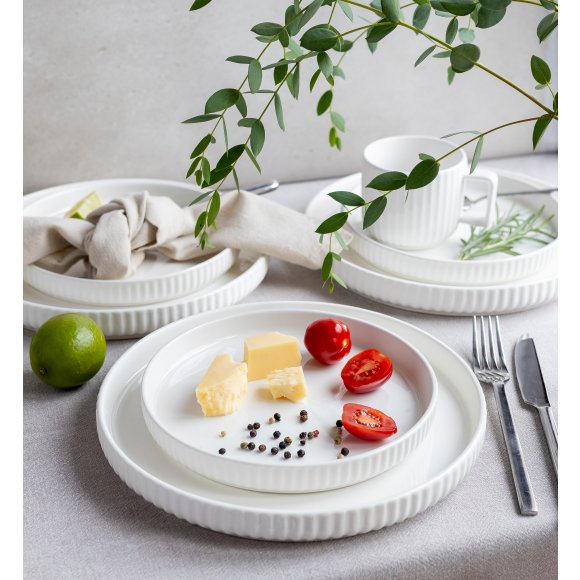 KAIA HOME Ceramiczny zestaw obiadowo kawowy 32 el / 6 os biały ryflowany