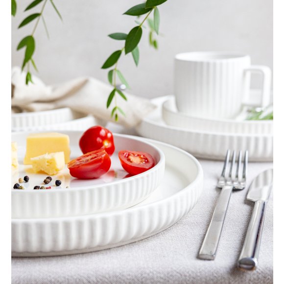 KAIA HOME Ceramiczny zestaw obiadowo kawowy 32 el / 6 os biały ryflowany