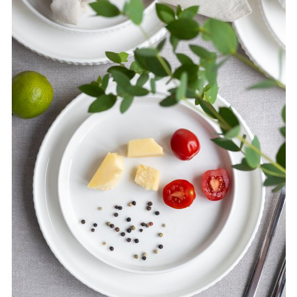 KAIA HOME Ceramiczny zestaw obiadowo kawowy 32 el / 6 os biały ryflowany