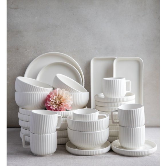 KAIA HOME Ceramiczny zestaw obiadowo kawowy 32 el / 6 os biały ryflowany